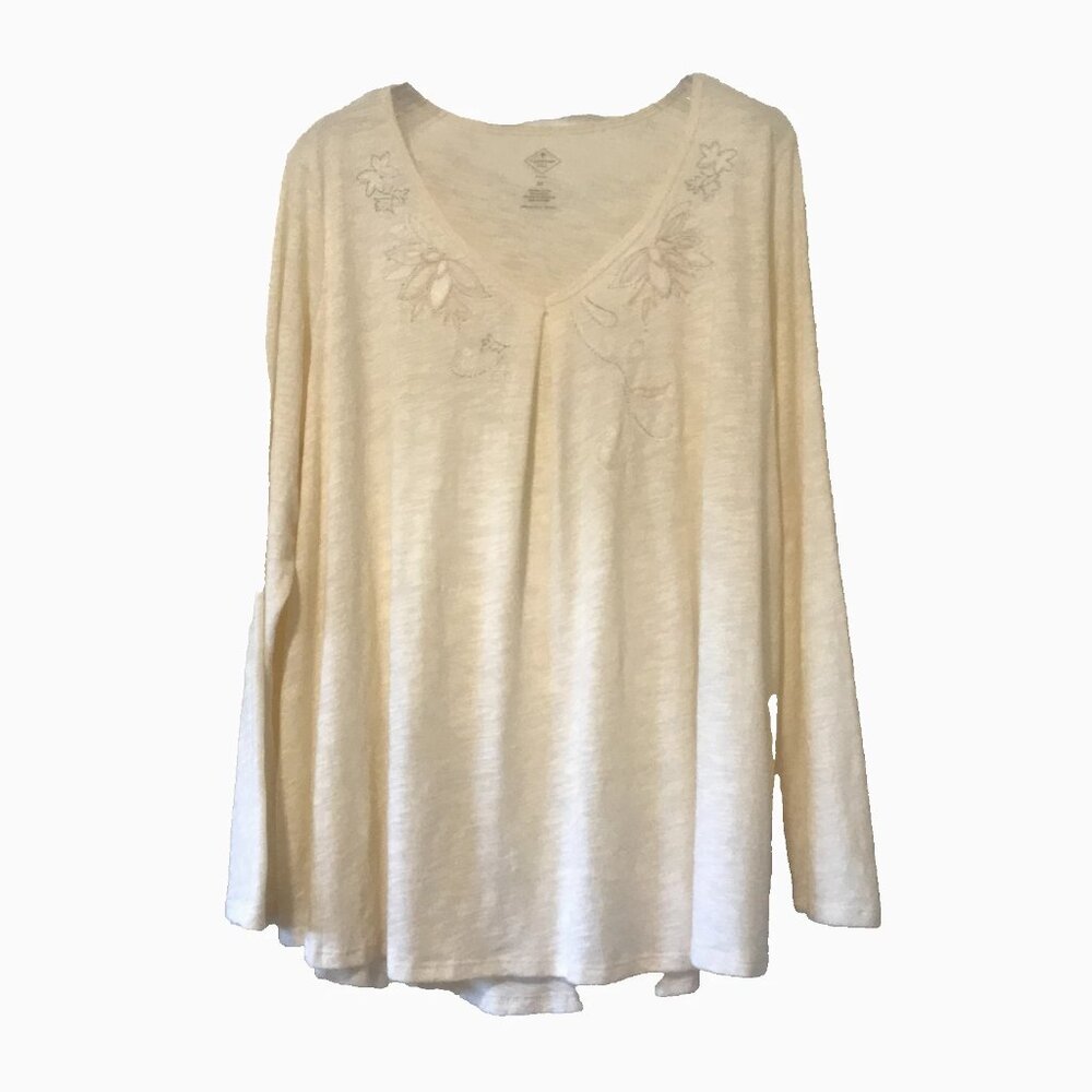 St. Johns Bay V-neck Floral embroidered Pearl accents long sleeve Shirt Ivory 2X
